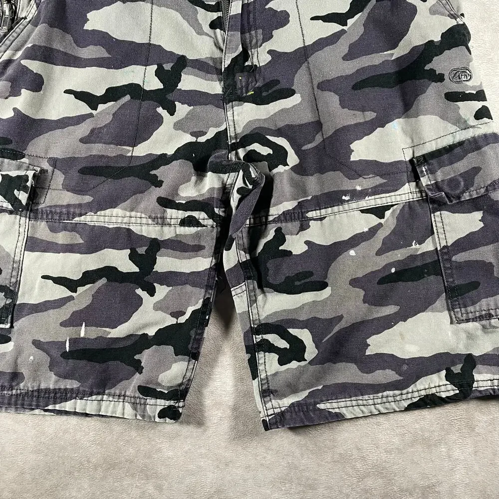 Y2K Ecko Unltd Purple Grey Military Camo Cargo Shorts 33 Paint Stained VTG